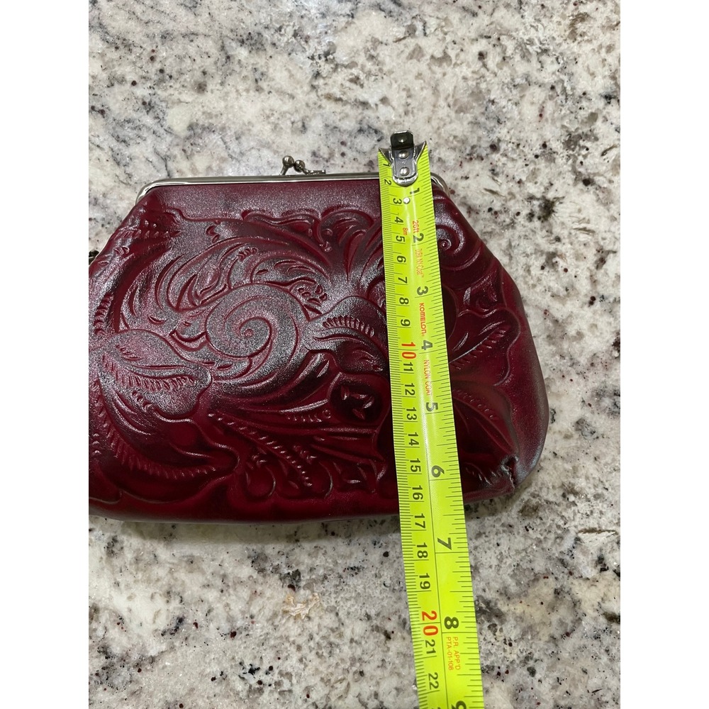 Patricia Nash Burgundy Tooled Leather Kiss Lock Wristlet Clutch Bag Floral - Picture 4 of 6